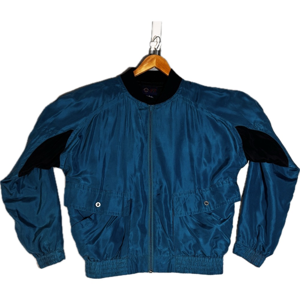 Roundtree & Yorke Sport Mens Teal Blue 100% Silk Bomber Jacket Vintage Large